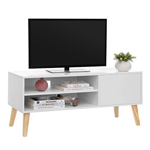 VASAGLE TV-bord, m. 1 dr og 1 hylle - hvit sponplate og naturlig tre (110x40)