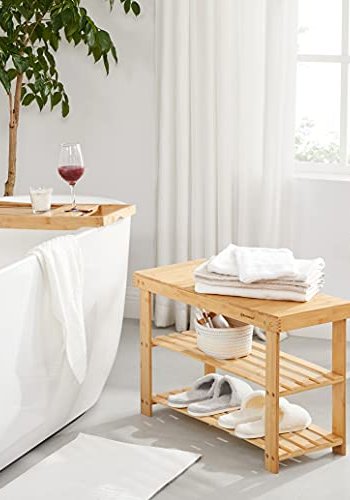 SONGMICS benk, m. 2 hyller - naturlig bambus (70x28)