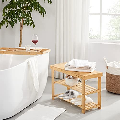 SONGMICS benk, m. 2 hyller - naturlig bambus (70x28)