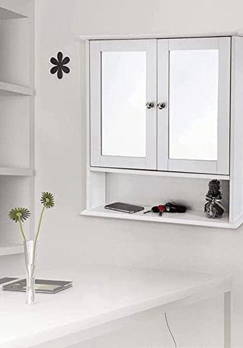 VASAGLE baderoms overskap, m. 2 speildrer og 2 hyller - hvit MDF