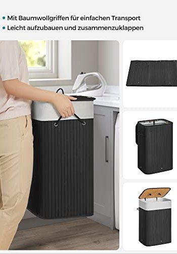 SONGMICS skittentyskurv, rektangulr, sammenleggbar m. 3 hndtak og 1 lokk - bomull og svart bambus