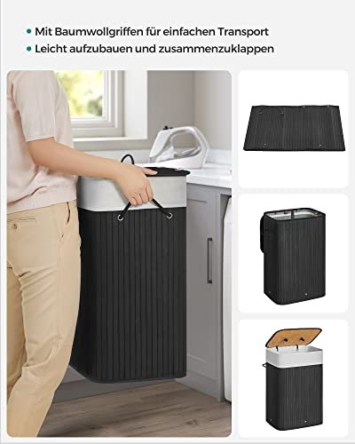 SONGMICS skittentyskurv, rektangulr, sammenleggbar m. 3 hndtak og 1 lokk - bomull og svart bambus