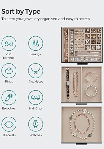 SONGMICS smykkeskrin, 3 lag, med glasslokk og 2 skuffer - flyels- og grafittsvart PU