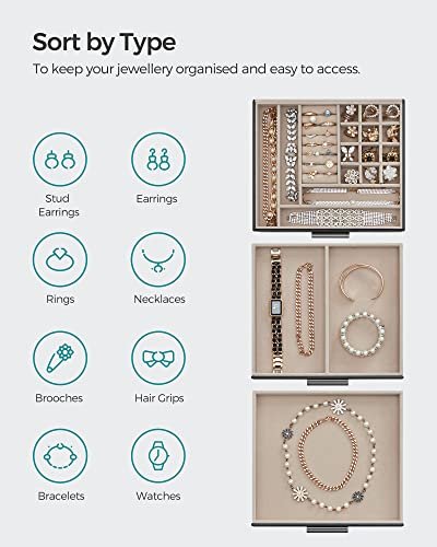 SONGMICS smykkeskrin, 3 lag, med glasslokk og 2 skuffer - flyels- og grafittsvart PU