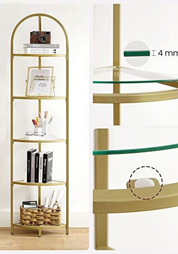 VASAGLE hjrne bokhylle, m. 5 hyller - herdet glass og gullstl