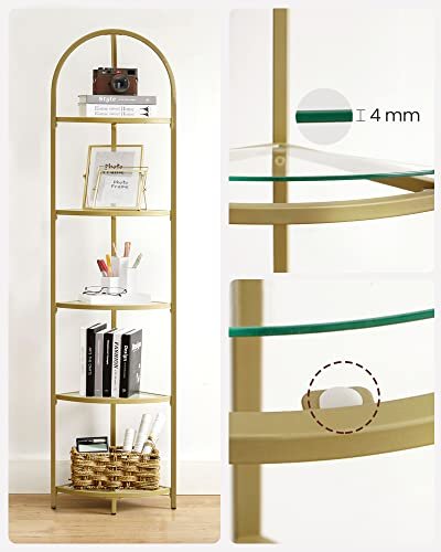 VASAGLE hjrne bokhylle, m. 5 hyller - herdet glass og gullstl