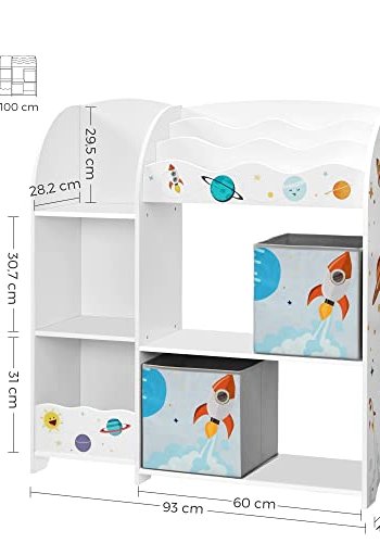 SONGMICS barnebokhylle, med hyller og 2 oppbevaringsbokser - hvit og flerfarget sponplate og stoff