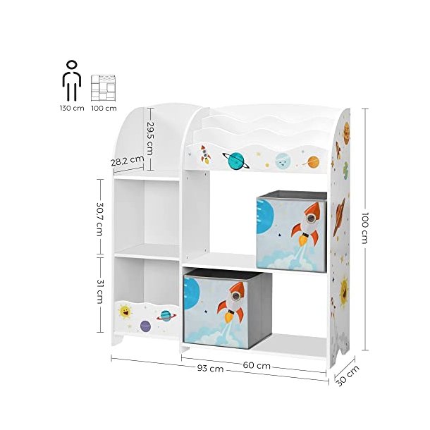 SONGMICS brnereol, m. hylder og 2 opbevaringsbokse - hvid og multifarvet spnplade og stof