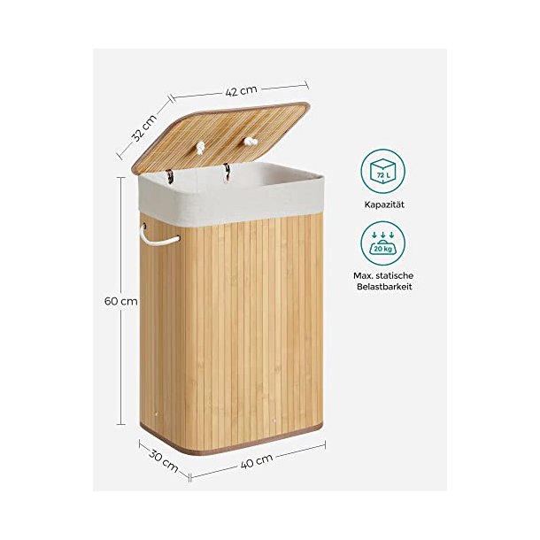 SONGMICS vasketjskurv, foldbar, m. 1 lg, aftageligt og vaskbart for - bomuld og natur bambus