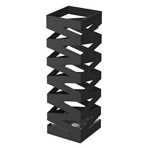 SONGMICS paraplyholder, firkantet, med kroker og dryppbrett - svart metall