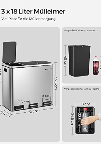 SONGMICS avfallsbeholder, 3-roms, pedal, med mykt lukket lokk, innvendig plastbeholder, hndtak - slvstl