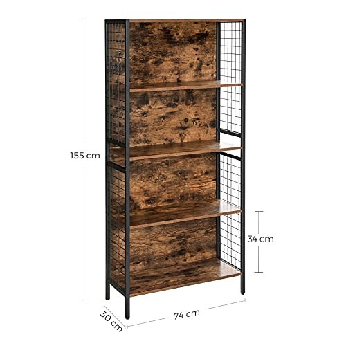 VASAGLE bokhylle, m. 4 S-kroker og 4 hyller - rustikk brun sponplate og sort stl