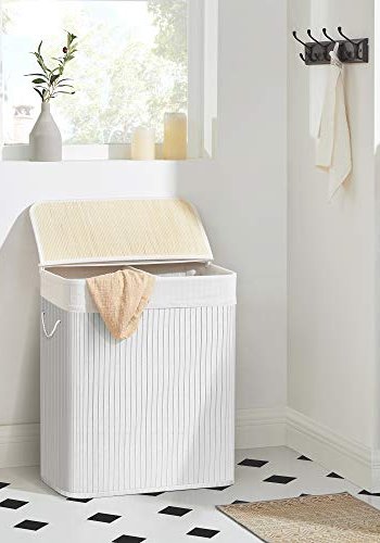 SONGMICS Delt vaskekurv med lokk, 2 seksjoner, avtagbart fôr, hndtak - hvit bomull og bambus