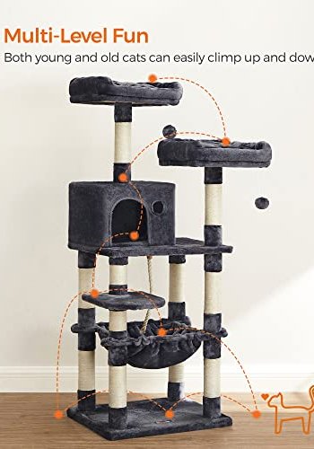 FEANDREA skrapestolpe, 5 niver, 2 plattformer, 1 hule, 2 Pom Poms, 1 hengekye - rykgr plysj