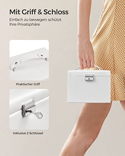 SONGMICS smykkeskrin, 3 lag, m. hndtak, 2 skuffer, lsbar, m. speil - hvit