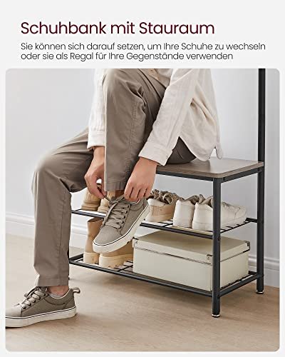 VASAGLE inngangsarrangement, m. 9 kroker, 3 hyller - greige sponplater og sort stl