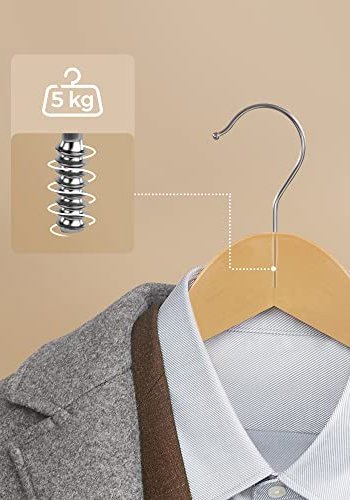SONGMICS kleshenger, med skulderhakk, sklisikker bussstang, 360° svingbar krok - naturlig tre (sett med 20)