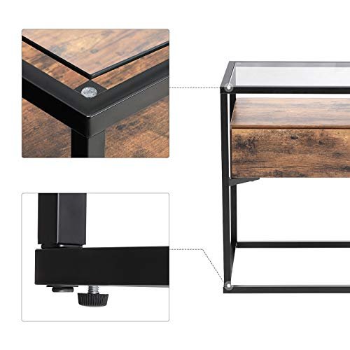 VASAGLE Beistelltisch, mit Ablage und Schublade – Klarglas, rustikale braune Spanplatte und schwarzes Eisen (43x43)