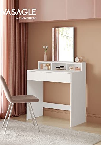 VASAGLE Schminktisch, mit Spiegel, 2 Schubladen, 3 Fächern – Spiegelglas und weißes Melamin (80x40)