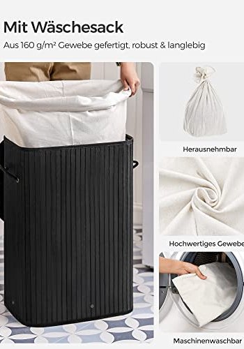 SONGMICS skittentyskurv, rektangulr, sammenleggbar m. 3 hndtak og 1 lokk - bomull og svart bambus