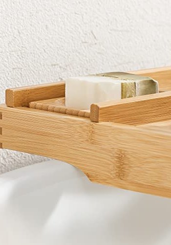 SONGMICS Badewannentablett, ausziehbar, mit Getränkehalter, Buchstütze, Seifenhalter – Bambus natur