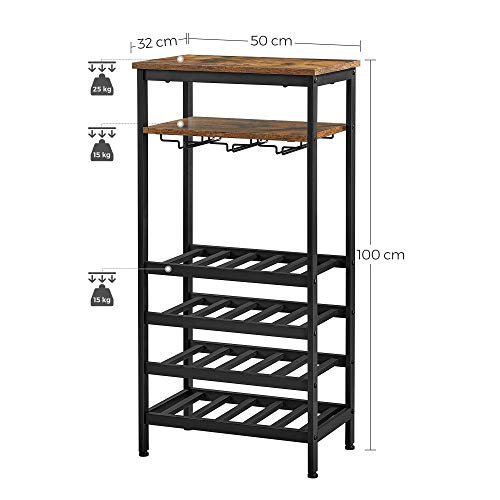 VASAGLE vinreol, til 20 flasker, m. glasholder og 1 hylde - rustik brun spnplade og sort stl