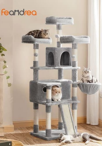 FEANDREA skrapestolpe, 5 niver, 3 plattformer, 2 huler, 3 pom-poms, 1 kurv - lys gr plysj