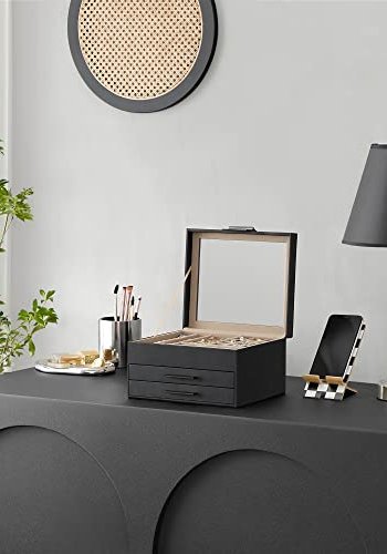 SONGMICS smykkeskrin, 3 lag, med glasslokk og 2 skuffer - flyels- og grafittsvart PU