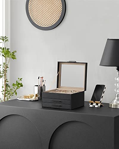 SONGMICS smykkeskrin, 3 lag, med glasslokk og 2 skuffer - flyels- og grafittsvart PU