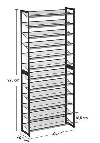 SONGMICS 12-lags skostativ, sett med 2 stablebare 6-lags skostativ, 48-60 par sko, stor kapasitet, metallnettskostativ, justerbare flate eller vinklede hyller, svart LMR12B