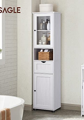 VASAGLE baderomsskap, m. 2 drer, justerbare hyller og 1 skuff - glass og hvit trekornsponplate