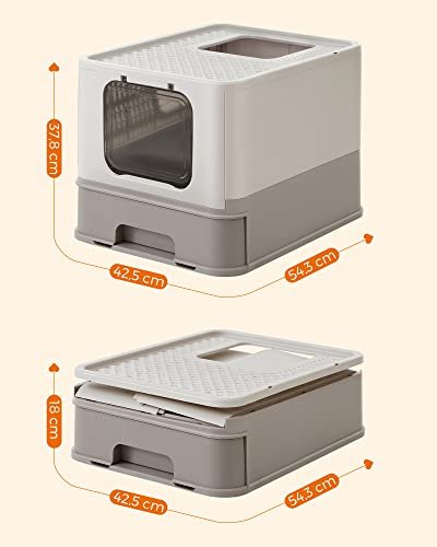 FEANDREA sppelkasse, med lokk og uttrekkbar skuff, for katter opptil 15 kg - lett og varm gr plast