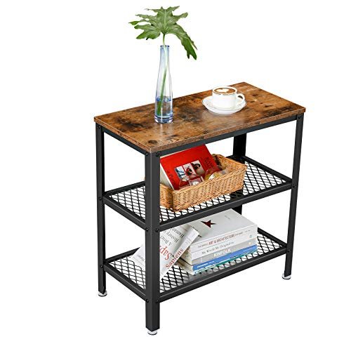 VASAGLE Beistelltisch, m. 2 Gitterablagen, rechteckig – rustikale braune Spanplatte und schwarzer Stahl (60x30)