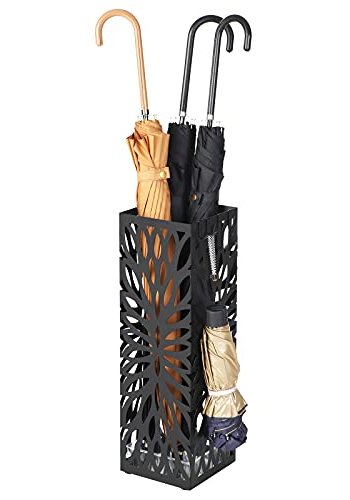 SONGMICS paraplyholder, firkantet, m. 4 kroker og avtagbart dryppbrett - svart metall
