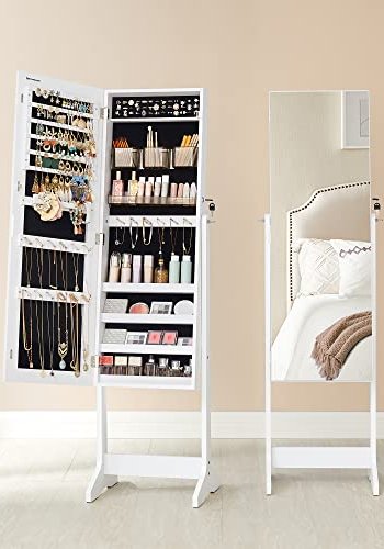 SONGMICS smykkeskap, lsbart, med speil, 2 plastoppbevaring for kosmetikk - speilglass og hvit MDF