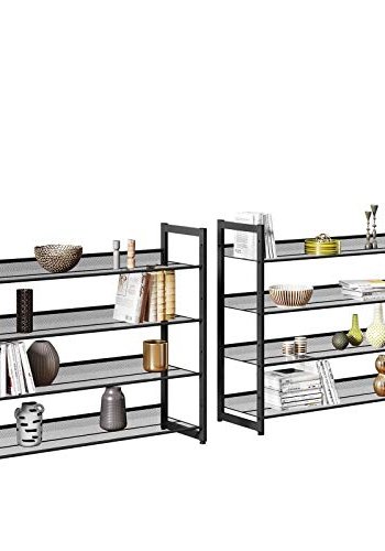 SONGMICS Schuhregal, stapelbar, 4 verstellbare Gitterböden flach oder schräg – schwarzer Stahl (2er-Set)