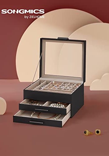 SONGMICS smykkeskrin, 3 lag, med glasslokk og 2 skuffer - flyels- og grafittsvart PU