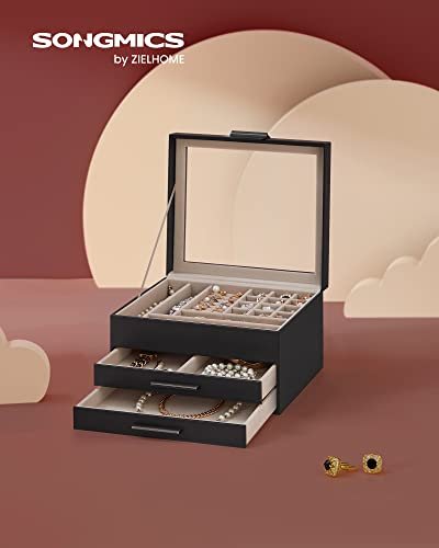 SONGMICS smykkeskrin, 3 lag, med glasslokk og 2 skuffer - flyels- og grafittsvart PU