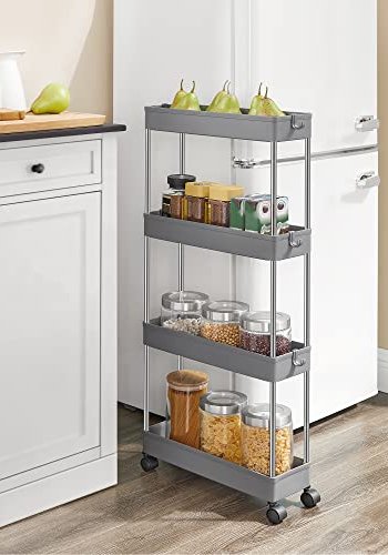 SONGMICS schmaler Rollwagen mit 4 Ablagen und Rädern – graues Polypropylen und Stahl