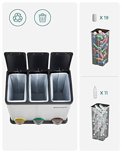 SONGMICS avfallsbeholder, m. 3 rom, pedaler - slv rustfritt stl og svart polypropylen