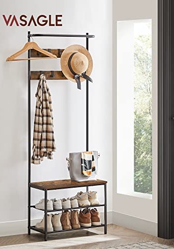 VASAGLE inngangsarrangement, m.  9 kroker, benk, hengestang, 2 hyller, brun sponplate og sort stl