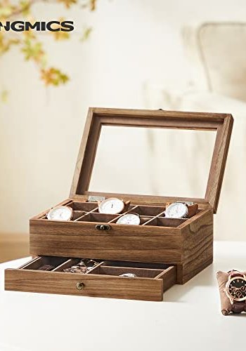 SONGMICS smykkeskrin, 2 lag, 8 spor for klokker med klokkeputer, glasslokk, flyelsfôr - valnttfarget tre
