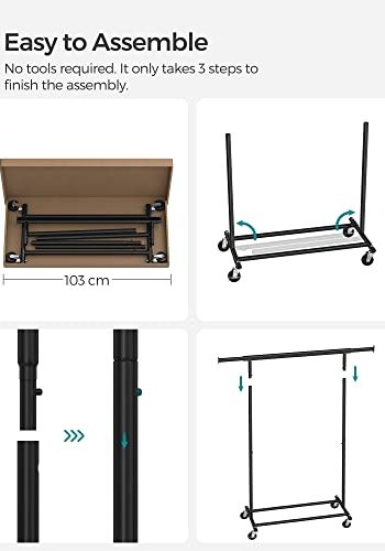SONGMICS klesstativ, med uttrekkbar hengeskinne og hjul - svart stl