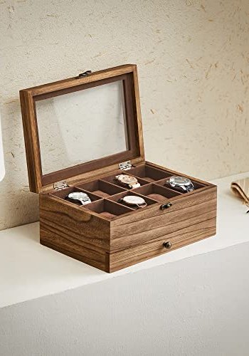 SONGMICS smykkeskrin, 2 lag, 8 spor for klokker med klokkeputer, glasslokk, flyelsfôr - valnttfarget tre