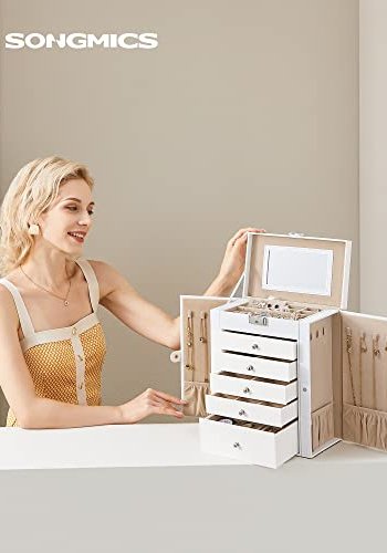 SONGMICS smykkeskrin, m. 6 lag, 5 skuffer, speil - hvit MDF