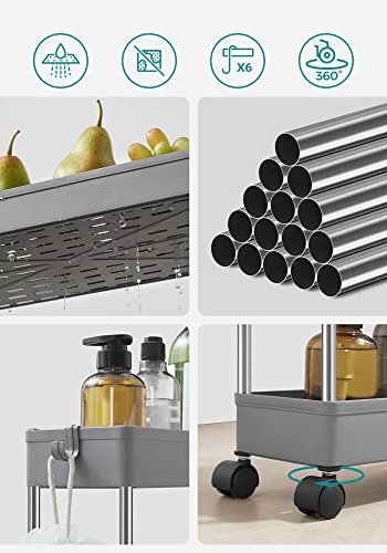 SONGMICS schmaler Rollwagen mit 4 Ablagen und Rädern – graues Polypropylen und Stahl