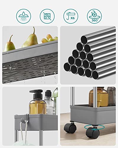 SONGMICS schmaler Rollwagen mit 4 Ablagen und Rädern – graues Polypropylen und Stahl