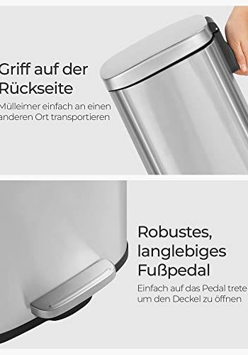 SONGMICS avfallsbeholder, 30L, med innvendig plastbeholder, hengslet lokk, lukttett - slvstl