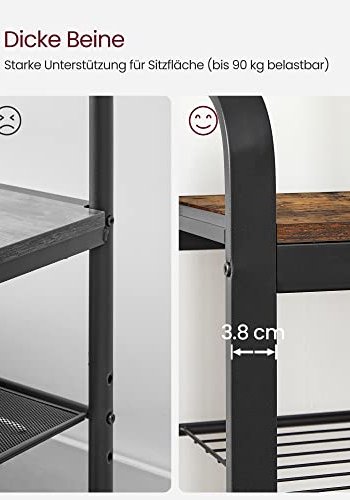 VASAGLE inngangsarrangement, m. 9 kroker, 1 hengestang, 1 sete, 2 hyller - brun sponplate og sort stl