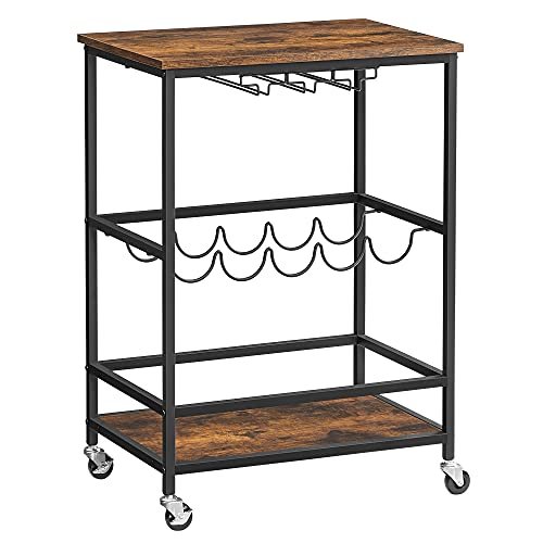 VASAGLE rullebord, hylle, holder for glass og flasker - rustikk brun sponplate og sort stl (60x40)